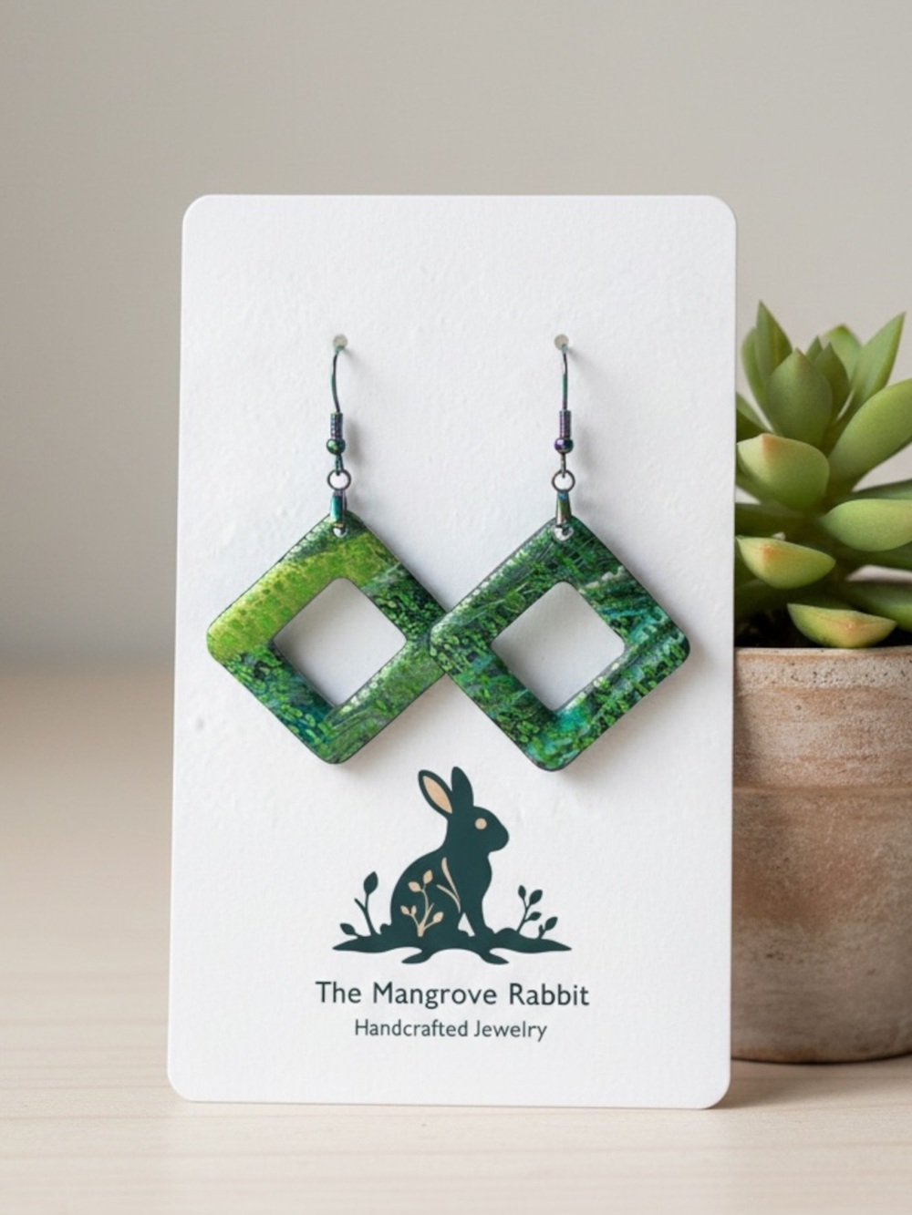 Handmade Blue Green Metallic Polymer Clay Statement Dangle Earrings